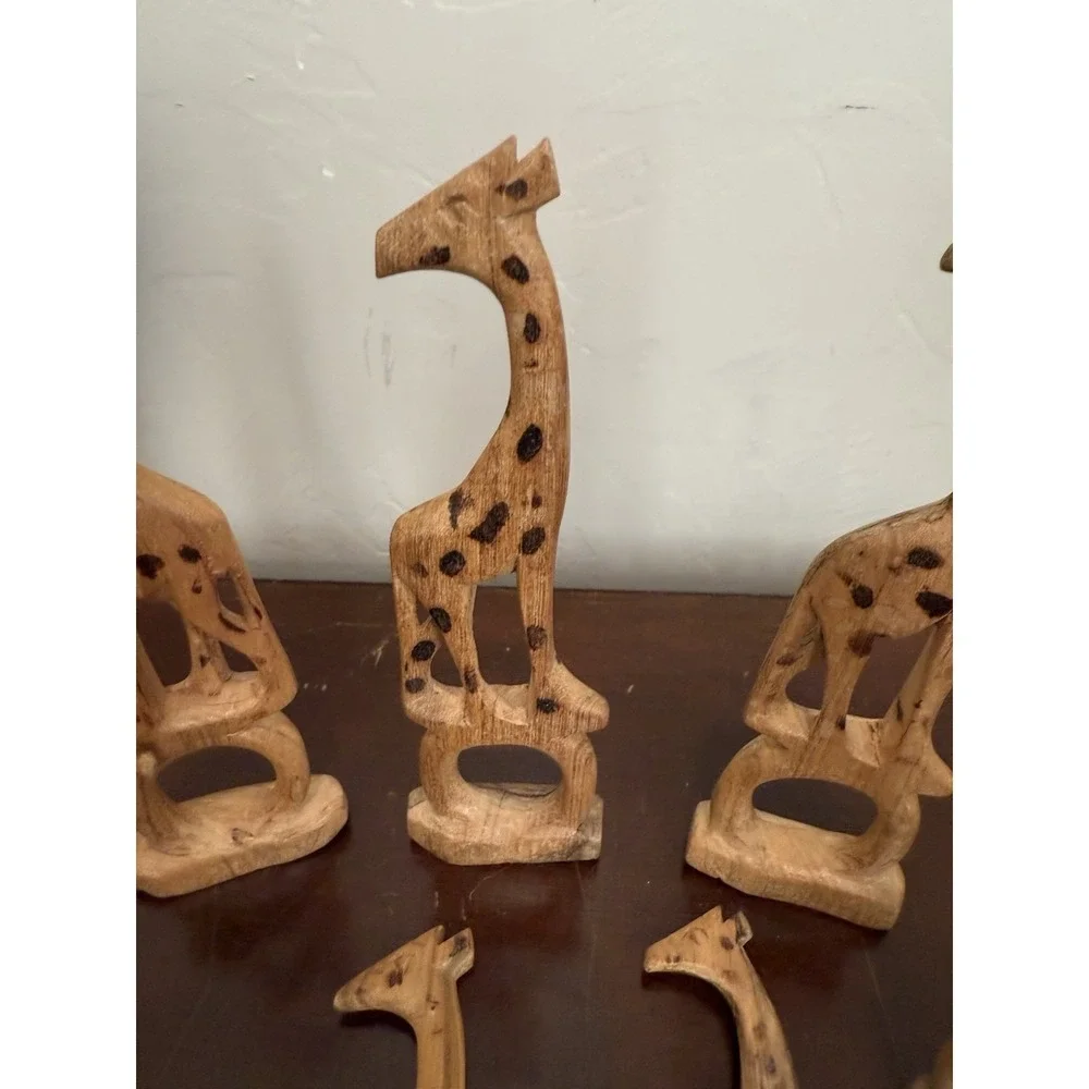 VTG Hand Carved Wooden Napkin Rings Holders Set of 6 Giraffes Artsy Boho Jungle